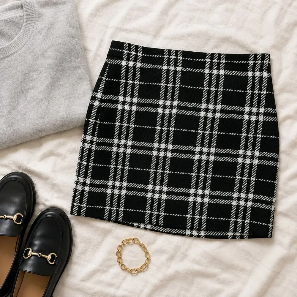 J. Crew Black & White Plaid Tweed Mini Skirt